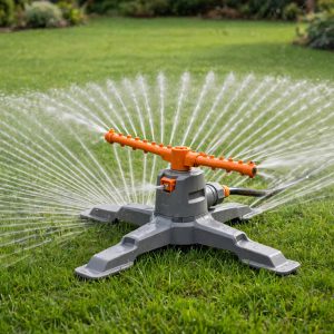 Gardena AquaZoom L oscillating sprinkler giving even coverage on a large rectangular lawn