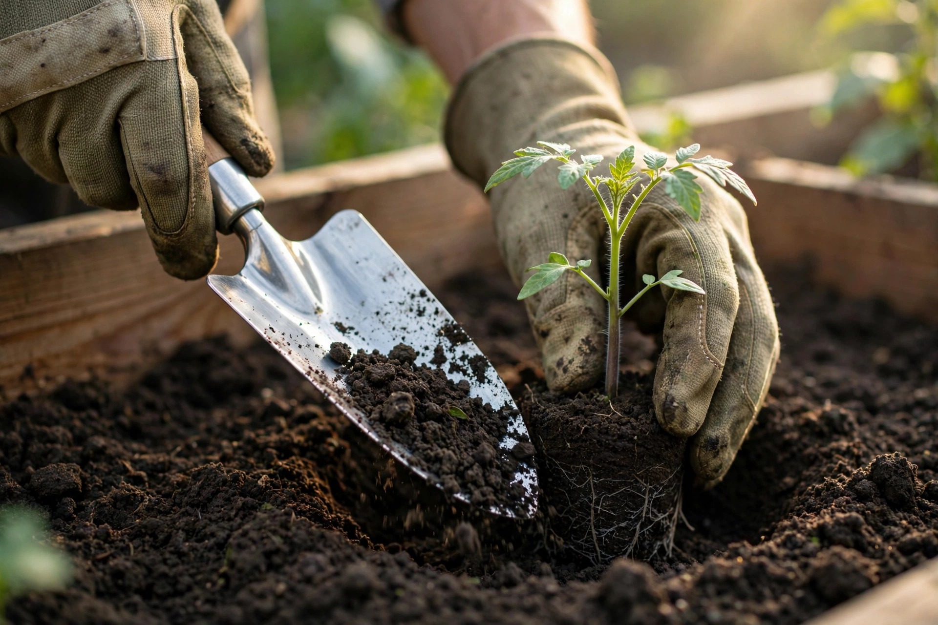 Using a garden trowel to transplant a seedling