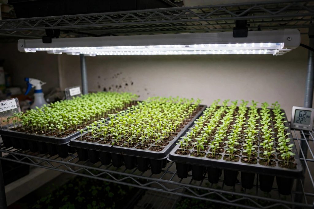 seedlings under grow lights indoors