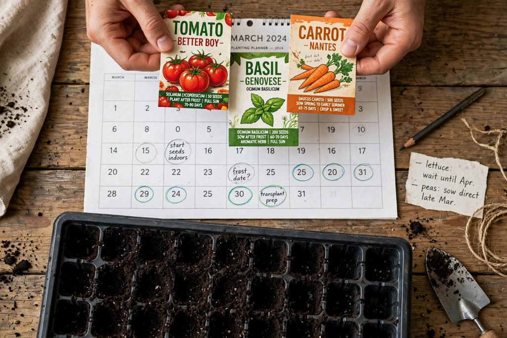 seed packets and calendar for planning when to start seeds indoors by zone