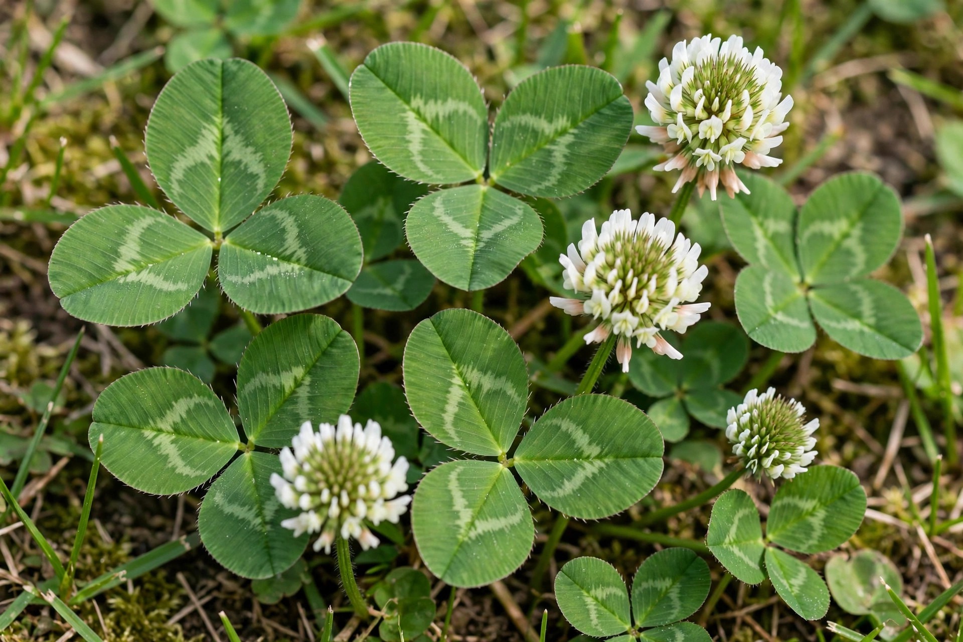 White clover weed identification — three-leaf clusters with white ball flowers