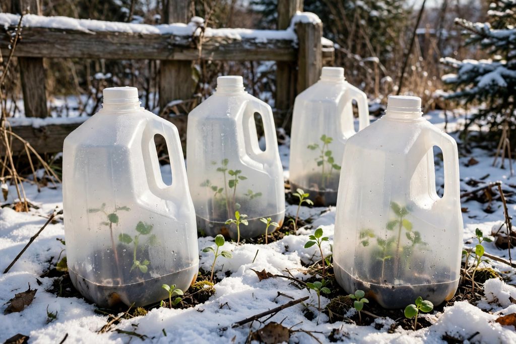winter sowing milk jugs with seedlings in snow
