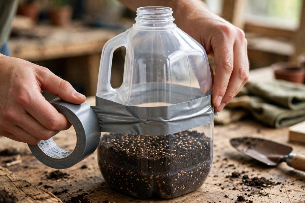 winter sowing step 5 sealing a milk jug with tape