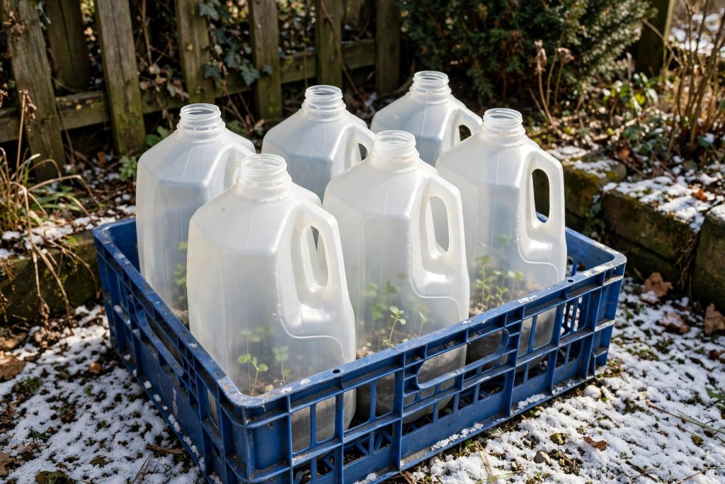 winter sowing step 6 milk jugs placed outside