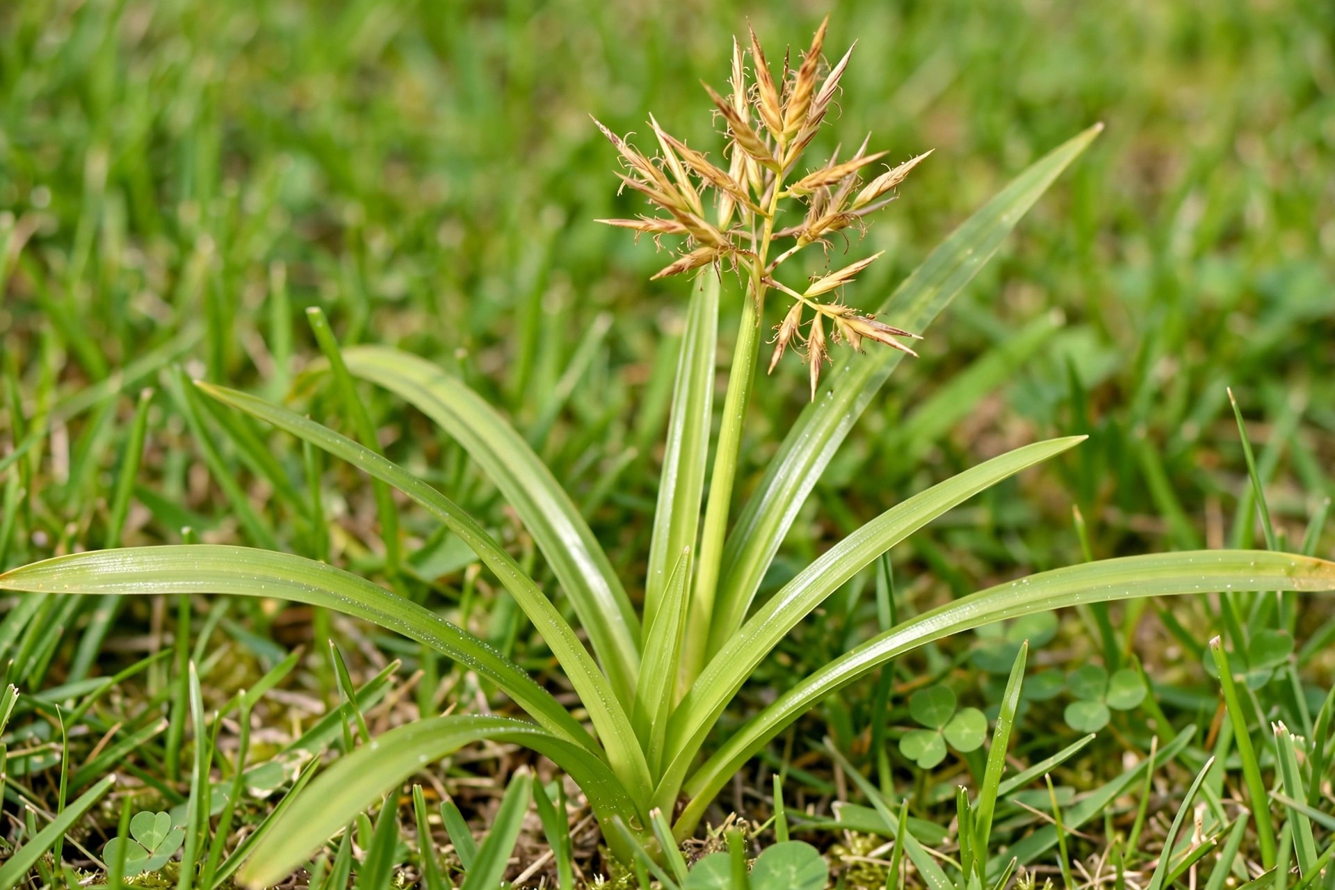 Yellow nutsedge weed identification — glossy upright blades with spiky brown seed head